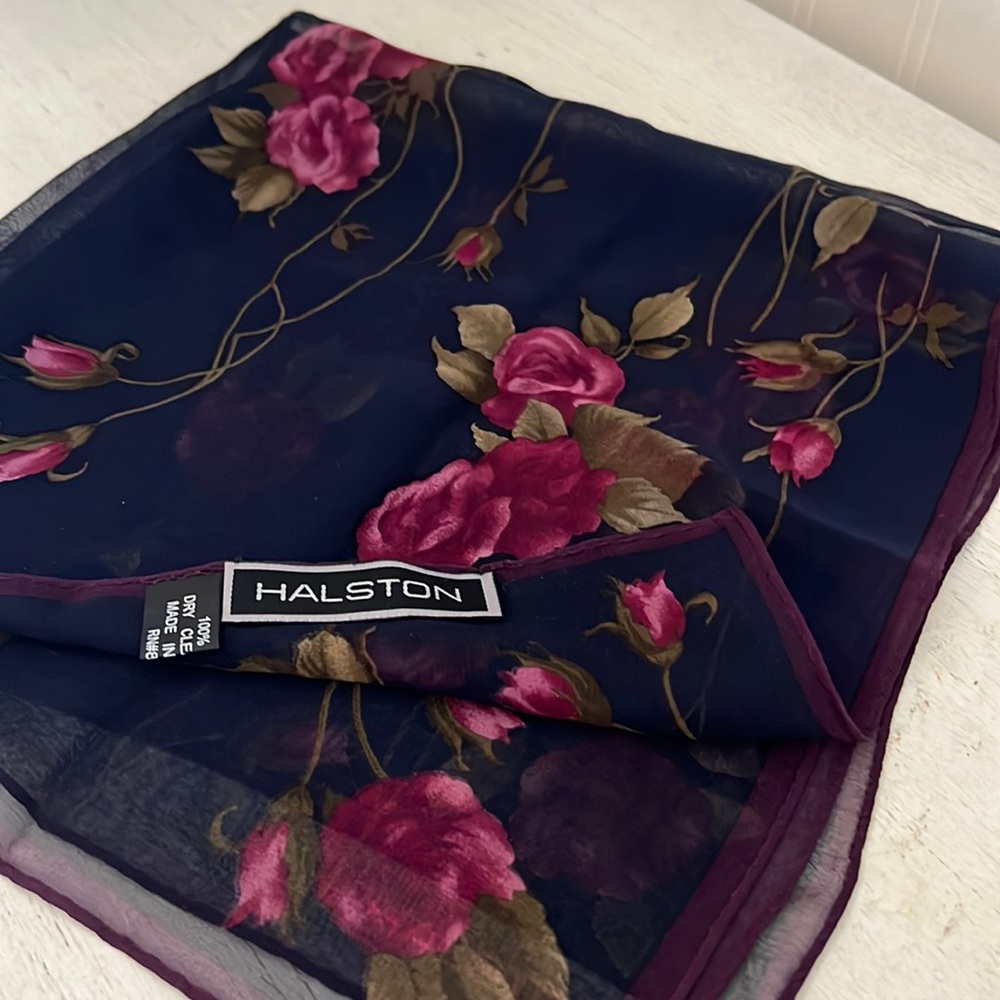 Vintage Halston silk scarf square sheer navy with roses 18”